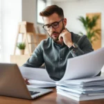 Small business owner reviewing invoices on laptop in office