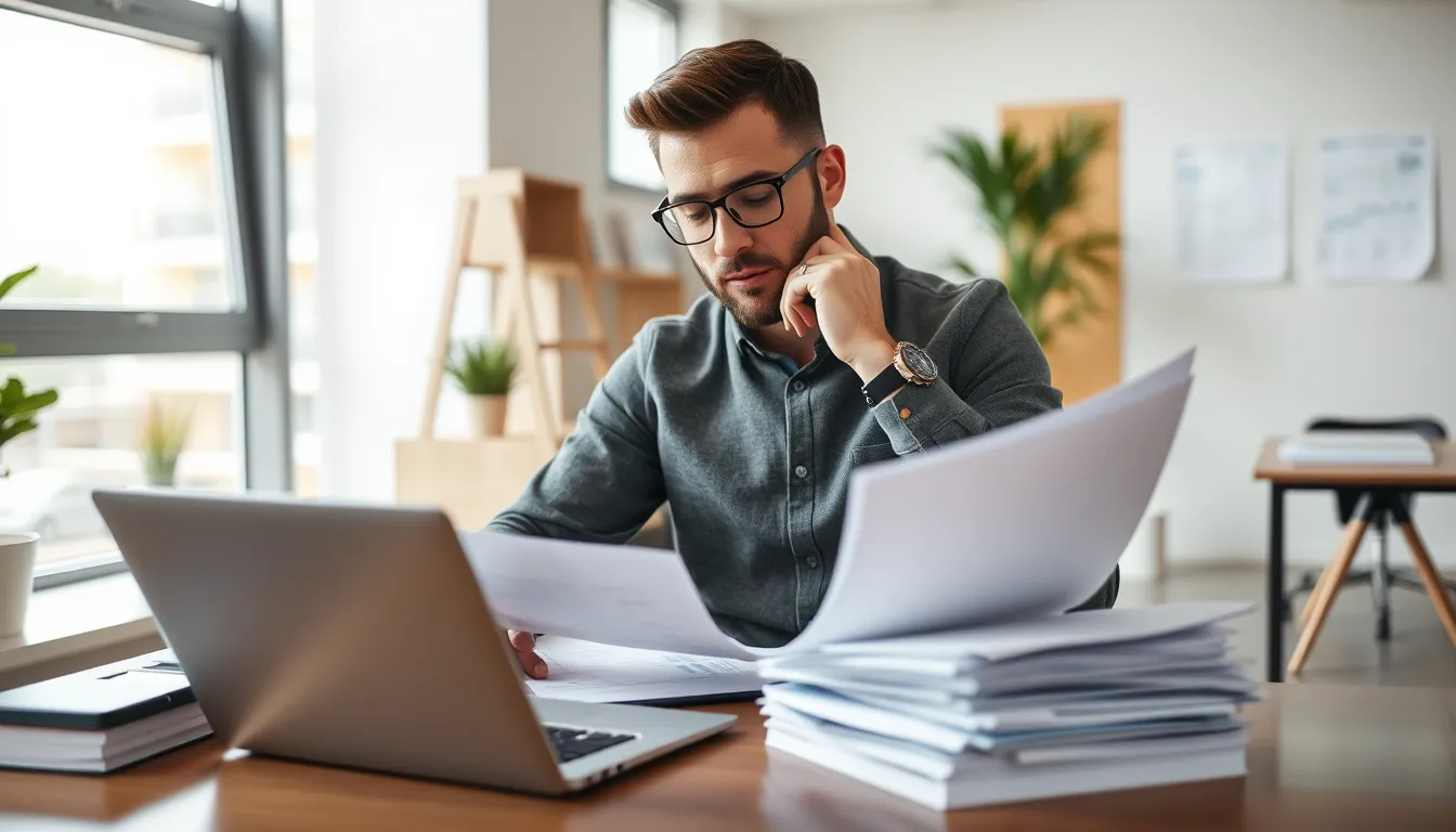 Small business owner reviewing invoices on laptop in office